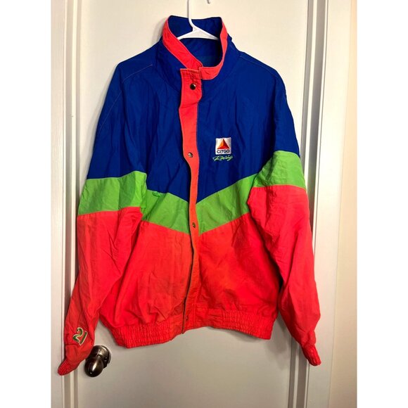 Vtg Citgo Racing NASCAR Windbreaker Jacket Sz L Neon Colorblock #21 Zip Bomber - Picture 2 of 6